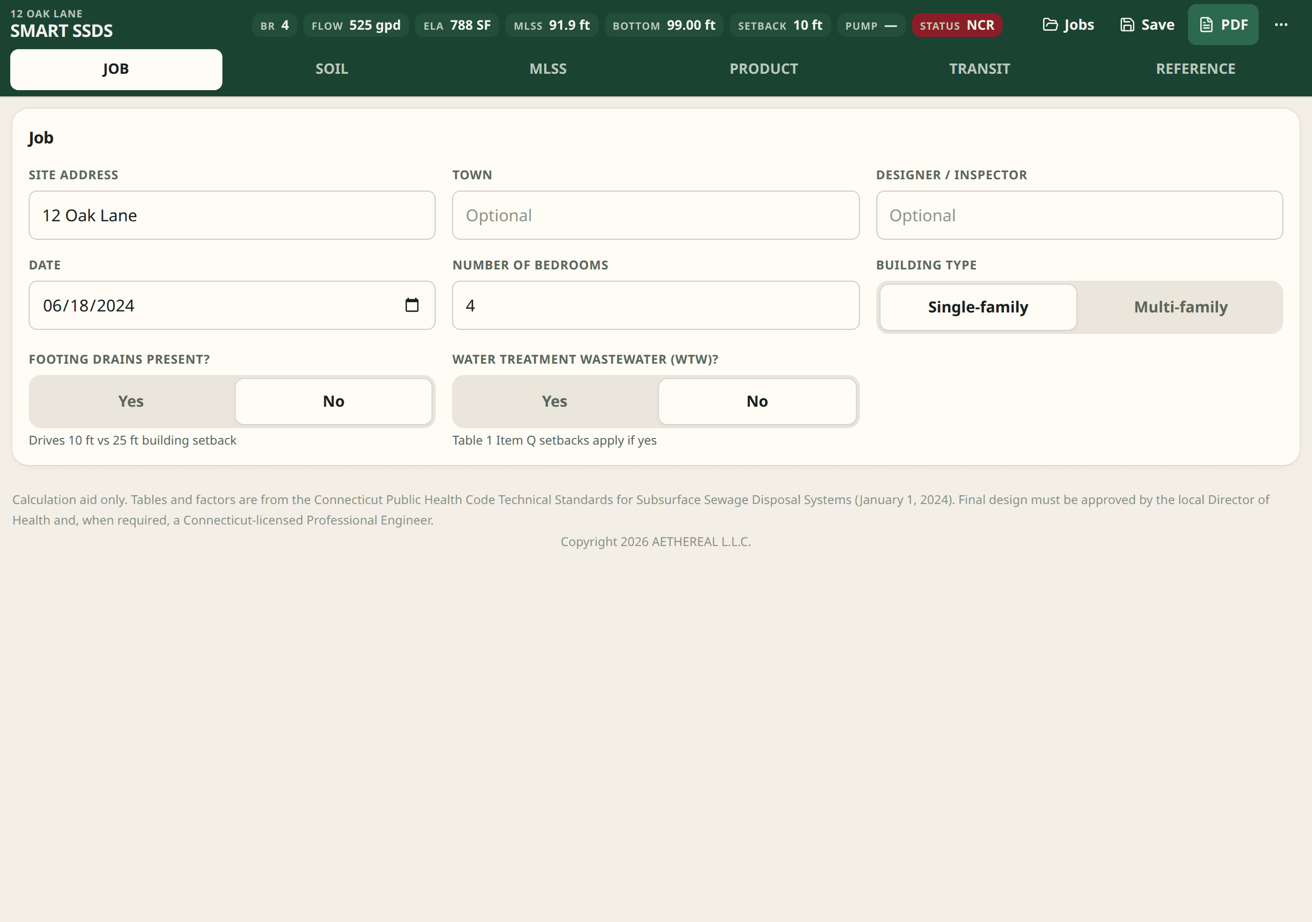 Smart SSDS™ Job tab for 12 Oak Lane — four bedrooms, live BR, flow, ELA, and MLSS chips